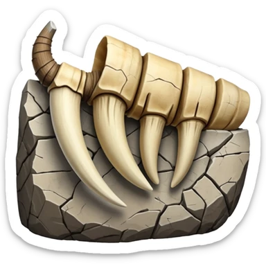 3D render of Mammoth Tusk, embedded in a chunk of rough sedimentary rock, cracked stone texture, ancient fossil aesthetic, weathered white ivory texture with cracks, matte dry finish, Apple emoji style, isolated on white background --v 6.0. sticker