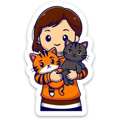 tan brown-haired girl holding two cats, one black cat and one orange tiger-striped cat sticker