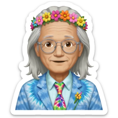 elderly man with long grey hair, glasses, peace sign necklace, tie-dye clothing, flower crown sticker