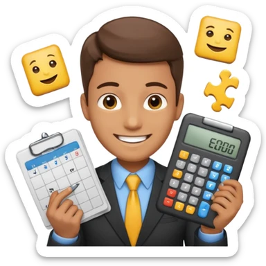 male aUDITOR smiling with spreadsheet and a calculator, emoji, ADD A puzzle and a Balance for accounting sticker