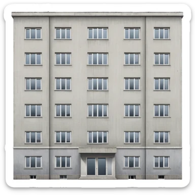 Soviet-era panel apartment building with rows of identical windows, gray concrete facade, flat roof, typical Russian multi-story residential building sticker