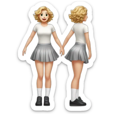 realistic full body caucasian curvy beauty jumping short black skirt back and front views strong wind white knickers long white socks sticker