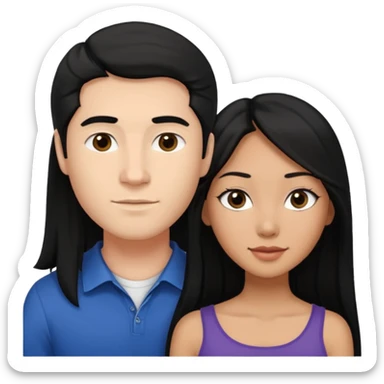 Mixed race couple, white male with mixed female (asian & black)
the female is more asian than she is black, she has long hair and very tanned skin, and black eyes
The male is french, he has thick luscious hair sticker
