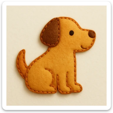 Minimal felt appliqué icon of a dog with soft, handcrafted felt look, lightly padded forms, simple shapes, clean outlines, medium-thickness orange or brown stitched edge, soft matte felt texture, warm yellows, oranges, and browns, small round eyes, simple nose, minimal mouth, subtle shadows, soft lighting, front or side profile, neutral off-white background sticker