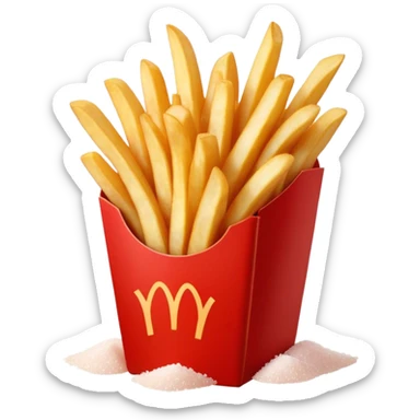 Cinematic crispy golden French fries, piled high, sprinkled with salt, served in a red carton, warm and inviting, rich golden hues, perfectly crunchy and delicious. sticker
