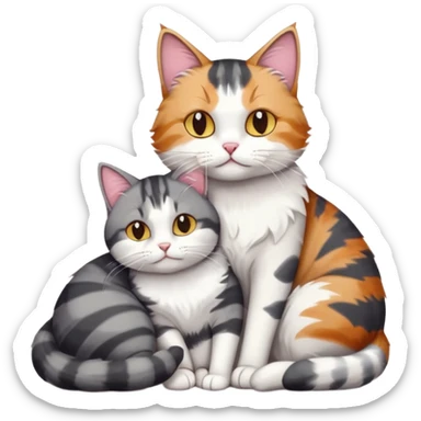 full body colourful light patched calico + white tabby cat cuddling a bigger cat that is dark grey and white tabby cat  and they are in love sticker
