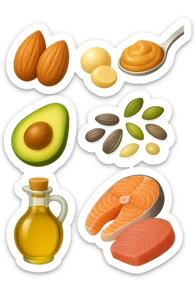 EMOJI STILE IPHONE DI
Frutta secca (mandorle, noci macadamia)
Burro di frutta secca (es. burro di arachidi)
Avocado (in piccole porzioni)
Semi
Olio extravergine d’oliva
Pesce grasso (salmone, tonno)
, fluttuano in aria REALISTICA 4K sticker