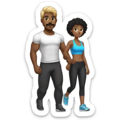 Black guy with black hair and mustache and blonde girl going to the gym sticker