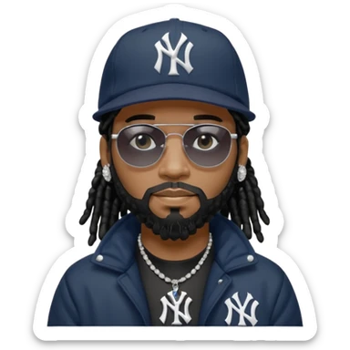 African American man with shoulder length black dreadlocks with black beard wearing black sunglasses wearing a New York Yankees logo baseball cap wearing a black bubble winter coat wearing diamond earrings for men with diamond cross necklace on his neck sticker