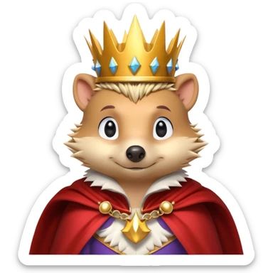 king hedgehog portrait, head and shoulders only, wearing a small golden crown, royal cape collar, proud confident expression, cute spiky fur details, fantasy royal vibe, 3D cartoon, mobile game icon style, clean background, no text, no watermark
 sticker