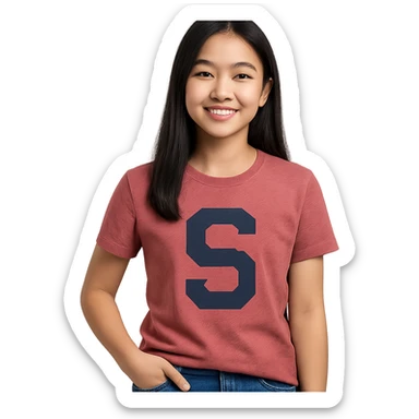 teenage Asian girl with an S on her shirt, standing pose, friendly expression, simple background sticker