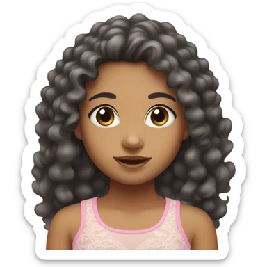 make a teenage girl emoji, mixed race, tan girl, dark grey almost black eye colour, long hair dark brown curls. Wearing a lace trim baby pink tank top with a small bow on shirt. One girl sticker