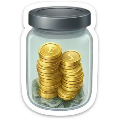 A Clear transparent jar with a granite metallic lid filled with cash and gold  sticker
