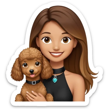 a girl with long straight balayage hair, long lashes, smiling, wearing black halterneck top, and holding a brown poodle sticker