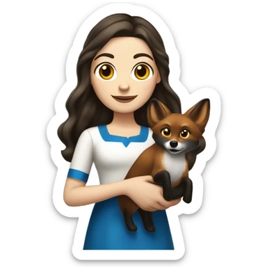 White girl in a dress for Hanukkah with long wavier dark brown hair holding a menorah with her red fox lookalike dog  sticker