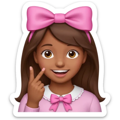 Chica con pelo marron sonriendo con un lazo rosa en la cabeza y mordiendose la punta del dedo indice con delicadeza y la otra mano que no salga en el emoji sticker