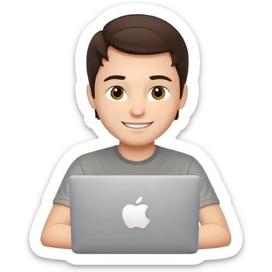 Apple-style emoji of a friendly young male developer, dark brown hair, hazel eyes, dimple, smiling and winking, tech t-shirt, at a MacBook with Apple logo, light gray background sticker