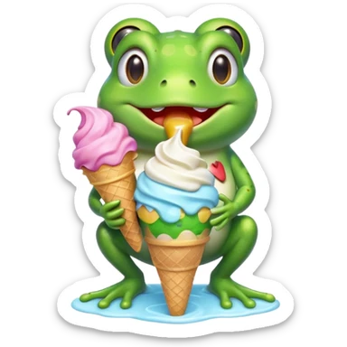 cute frog eating ice cream, happy face, holding a colorful ice cream cone, 3D cartoon, mobile game icon style, bright colors, soft shadows, clean background, no text, no watermark
 sticker
