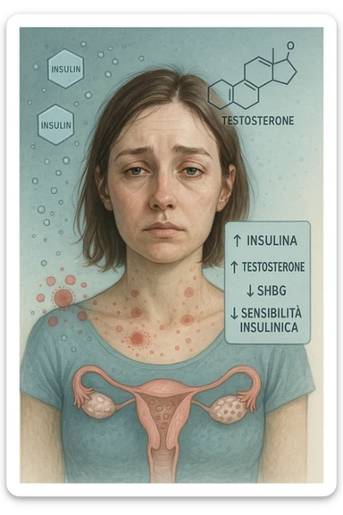 Donna tra i 25 e i 35 anni in primo piano, con espressione affaticata. Intorno al suo corpo appaiono in modo stilizzato e simbolico squilibri ormonali: molecole di insulina in eccesso fluttuano attorno, androgeni (testosterone) evidenziati sopra la testa, segnali visivi di infiammazione cronica lieve. Sopra le ovaie (visibili in trasparenza) compaiono piccole cisti multiple. Accanto a lei, un diagramma stilizzato mostra: '↑ Insulina', '↑ Testosterone', '↓ SHBG', '↓ Sensibilità insulinica'. L’atmosfera è scientifica, educativa ma empatica. Stile realistico con elementi infografici fluttuanti e colori freddi ma puliti. sticker