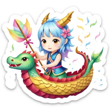 A chibi girl dressed as a dragon boat drummer, holding soft pastel drumsticks, standing in a fluffy dragon boat, colorful festival ribbons flying, sparkles and cute mini fish swimming below, soft pastel colors, watercolor texture, transparent background sticker