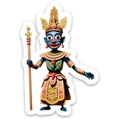 Golek Ayun-ayun – Cinematic Realistic Wayang Golek Ayun-ayun, depicted as an intricately carved traditional wooden puppet with vibrant painted details and expressive features, set on a dimly lit stage with dramatic shadows that evoke centuries of Indonesian theatrical heritage, rendered with lifelike textures and subtle ambient glow. sticker