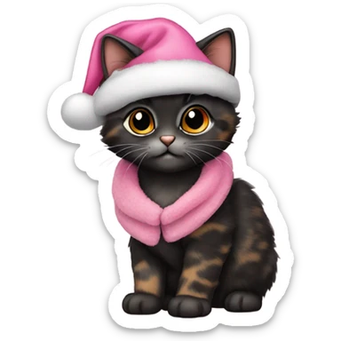 Cute mostly black tortoiseshell kitten wearing a pink Santa hat and coat sticker