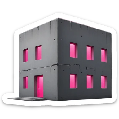 Night view of minimalist gray concrete Russian building, shadowy rectangular structure with one bright pink glowing window, stars in sky sticker