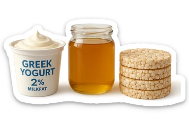 Yogurt Greco 2%
Miele (senza il cucchiaio di legno)
Gallette di Riso
vista frontale, iperrealistico 4k sticker