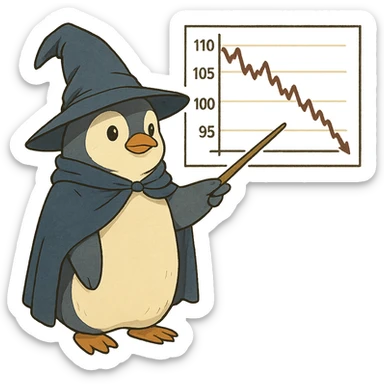 ghibli style penguin wizard pointing to a stock chart with numbers going down, no background sticker