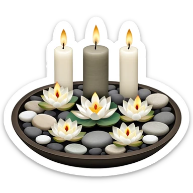 A photorealistic icon featuring lotus flowers, burning incense sticks, smooth round sea stones, and multiple small round candles arranged in a calming, tranquil setting. Soft, peaceful colors with detailed textures that evoke mindfulness and inner peace. Transparent background. sticker