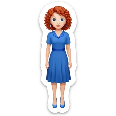 una profesora mayor simpática con el pelo rojo rizado, ojos azules, vestido azul y pendientes azules hablando altura completa sticker