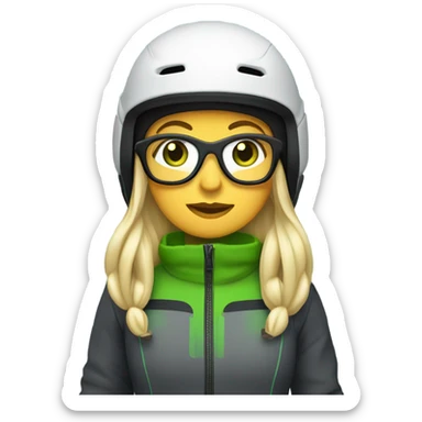 Green-eyed, fat female skier with long straight blonde hair, glasses, white ski helmet, grey snow jacket, long black pants, black only snow boots standing tall. sticker