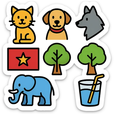 cat, dog, wolf, Vietnam flag, tree, elephant, and a glass all together in lineal color icon with black outlines style sticker