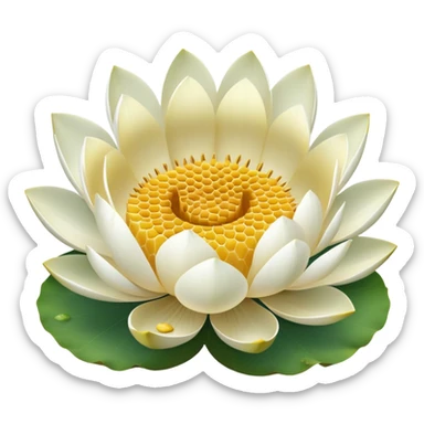 White lotus flower with botanically accurate yellow seedpod center showing honeycomb-like pattern of seed chambers, surrounded by white petals and accurate notched lotus leaf sticker