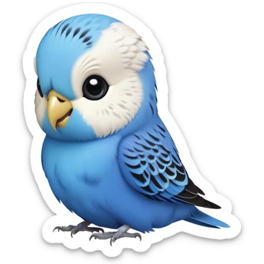 cinematic-cute-blue-budgie-portrait-emoji,-head-tilted-playfully-and-inquisitively,-featuring-a-brilliant-blue-feathered-fur-and white and black feathered face-with-a-natural-sheen,-round,-sparkling-dark-eyes-filled-with-curiosity,-simplified-yet-irresistibly-adorable sticker