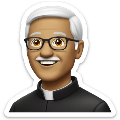 old catholic priest with black hair, smiling with teeth and glasses, no beard or mustache sticker