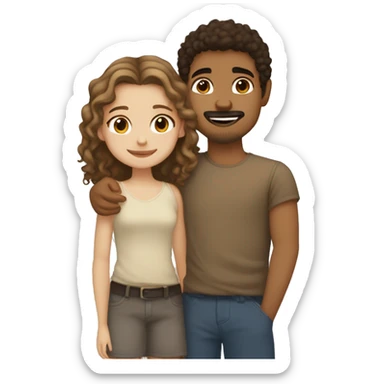 girl with fair skin, hazel eyes and straight hair hugging a boy with tan skin, medium curly hair that is light brown and a tiny mustache and goatee and dark brown eyes sticker