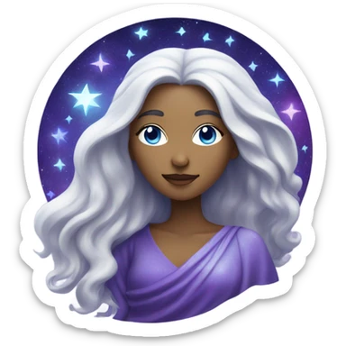 white mystical woman with sparkling galaxy hair with moon and stars in purple and blue shades sticker