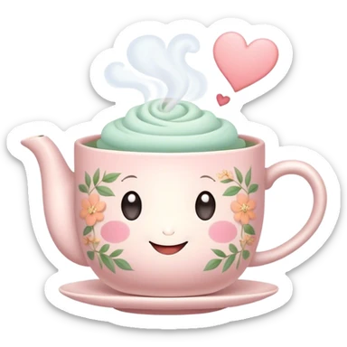 Cute Kawaii Tea Cup, steaming with warmth, a charming smiling face, soft pastel tones, delicate floral patterns, a tiny heart-shaped tea bag tag, cozy and inviting! sticker