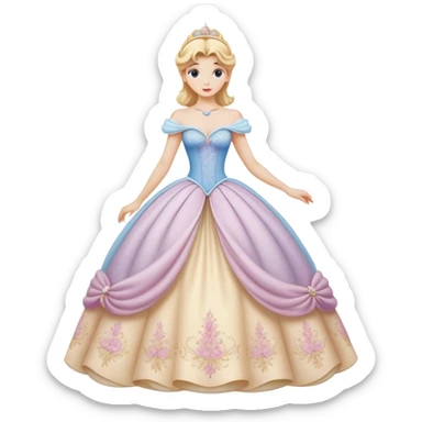 Cinematic Realistic Cinderella Portrait, depicted with lifelike porcelain skin, elegantly styled blonde hair, and a serene, graceful expression. Dressed in her classic ball gown with intricately detailed fabric textures and delicate pastel hues that catch soft, natural lighting, this portrait captures the timeless beauty of a fairy tale princess. sticker