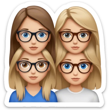a girl with dirty blonde hair and blue eyes, next to a girl with brunette hair and brown eyes with brown glasses on a white background  sticker