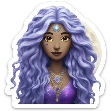 white mystical woman with sparkling galaxy hair with moon and stars in purple and blue shades sticker