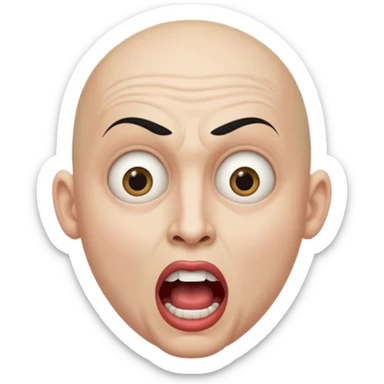 a bald cabaret actor with a white, dry, long, made-up face and heavily made-up eyes and mouth, a huge, wide-open mouth and a startled look sticker