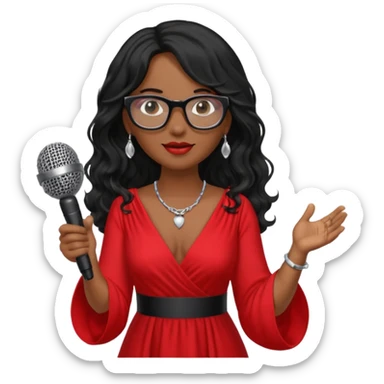 singer, Middle age, long wavy black hair, brown skin, wearing dress, holding mic, glasses sticker