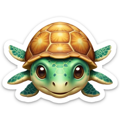 Cinematic Cute Sea Turtle Portrait Emoji, Head tilted playfully and inquisitively, featuring a charming, compact form with a beautifully patterned, domed shell and gentle, sparkling eyes full of oceanic wonder, Simplified yet irresistibly adorable features, highly detailed, glowing with a warm, friendly sea glow, high shine, affectionate and lively, stylized with a touch of whimsical marine charm, soft glowing outline, capturing the essence of a mischievous yet loving sea turtle that seems as if it could swim out of the screen into your arms! sticker