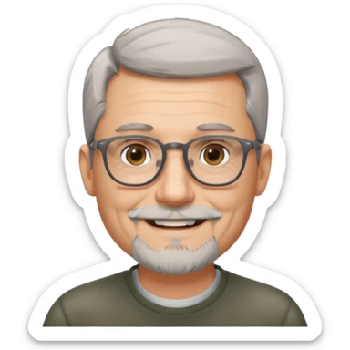 54 year old man, short shaved grey hair, beard, glasses sticker