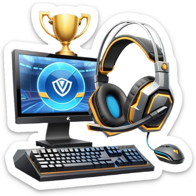 An icon featuring a gaming setup with a high-tech monitor displaying a competitive game, a keyboard, and a gaming mouse. The design includes a headset and a trophy, symbolizing victory and skill in esports. Transparent background highlights the energy and precision of professional gaming. sticker