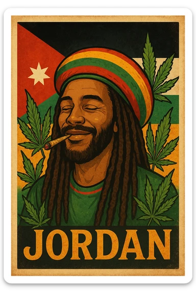 A digital vintage-style poster illustration of a Jordanian Rasta man with dreadlocks, wearing a red, yellow, green striped tam hat. He is smiling peacefully with a lit herbal spliff in his mouth. The background features the official Jordan flag — black, white, green horizontal stripes with a red triangle and a white 7-point star — accurately displayed behind him. Cannabis leaves are tastefully arranged around the composition, and the poster includes Rasta color textures blended with the Jordanian palette. Use a retro poster style with warm, slightly aged textures, bold outlines, and soft shading to evoke a soulful reggae vibe that honors both Jordanian pride and Rasta spirit. The mood is chill, powerful, and respectful sticker