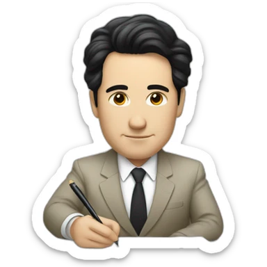 a white politician with black hair signing a paper sticker