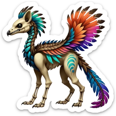 Rare colorful gradients colored realistic dark edgy glossy shiny tropical tribal patterned feathery skeletal badass epic pretty beautiful handsome gorgeous aesthetic colorful vibrant Vernid-Trico-species-Fakemon-creature by LiLaiRa, 4 legs, 1 tail, random markings, (full body) sticker